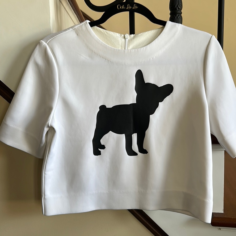 Ochirly 🔥 White Cropped Short Sleeve Shirt with French Bull Dog Silhouette Sz S